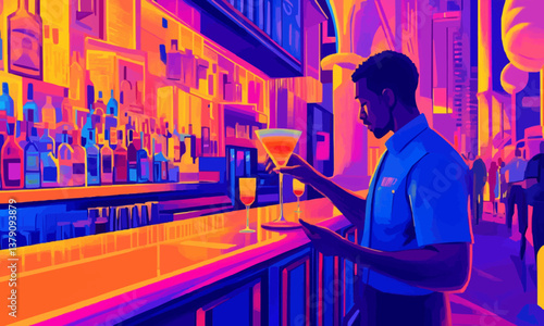 Skilled bartender prepares a cocktail at a stylish bar during a vibrant evening in a bustling city