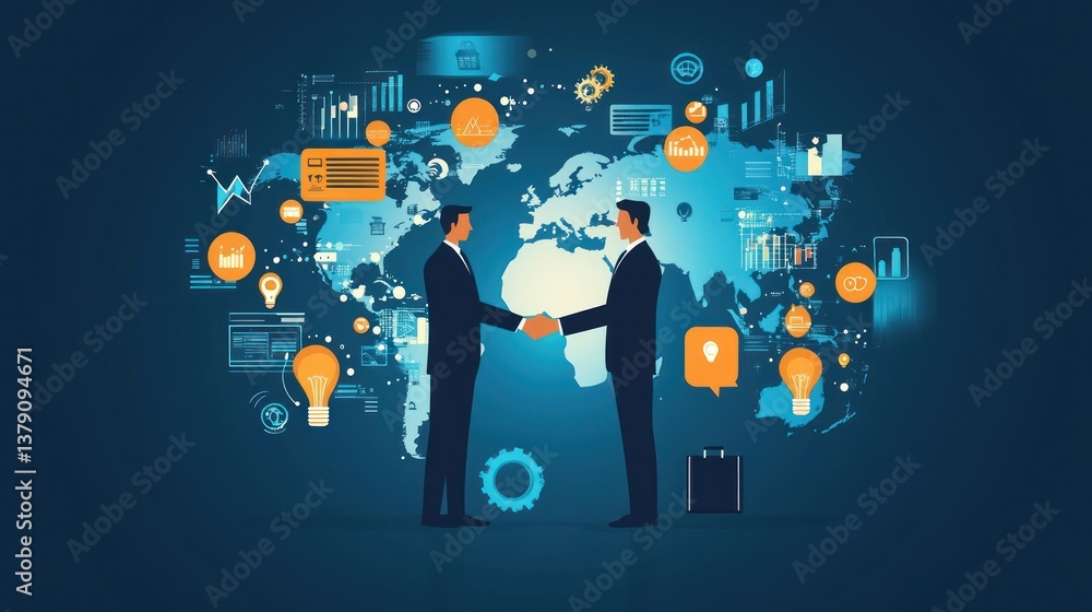 Businessmen shaking hands, global collaboration, data analysis Businessmen shaking hands, global collaboration, data analysis