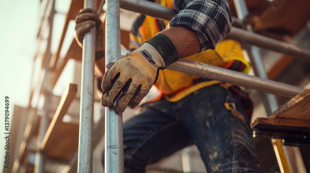 A construction worker assembling scaffolding on-site. Featuring teamwork and focus A construction worker assembling scaffolding on-site. Featuring teamwork and focus