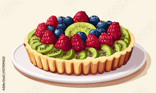 Delicious fruit tart topped with fresh raspberries, blueberries, and kiwi slices, served on a white plate under soft natural light for an elegant dessert presentation