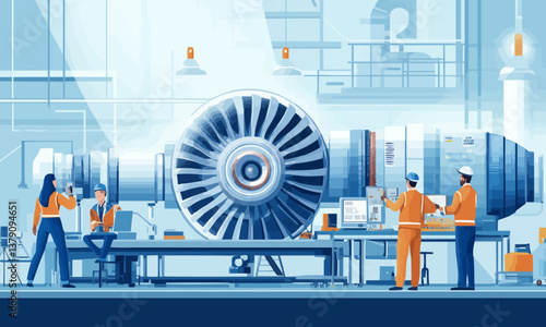 Team of engineers working on high-tech turbine engine in an industrial setting