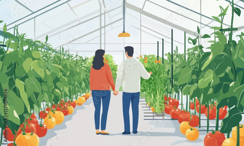 Successful farm family, couple engaged in growing of organic vegetables in hothouse, tomato