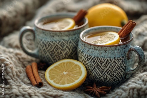 Warm Lemon Tea With Cinnamon Sticks Served in Dotted Mugs on a Cozy Blanket