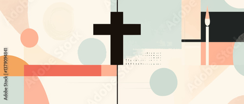 This abstract design features geometric representations of Easter symbols including a cross, eggs, and a candle. The clean lines and pastel color blocks create a modern, minimalistic aesthetic perfect