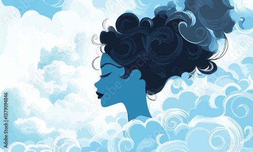 The silhouette of a woman's profile harmonizes with bright clouds, symbolizing creativity, thoughts, and the unity of mind and nature.