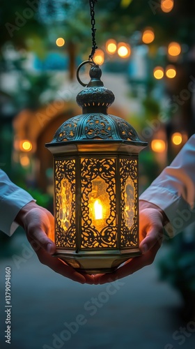 Holding a Decorative Lantern That Glows Warmly in an Outdoor Setting at Dusk