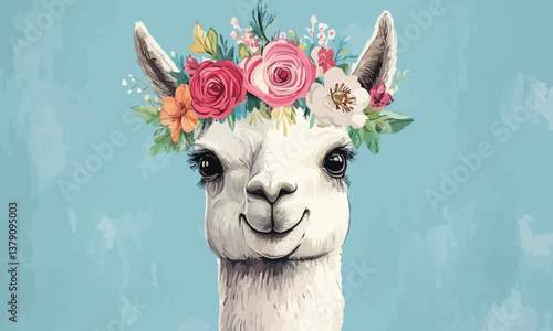 Portrait of a llama wearing a festive floral crown, sharp details, and a whimsical cheerful design