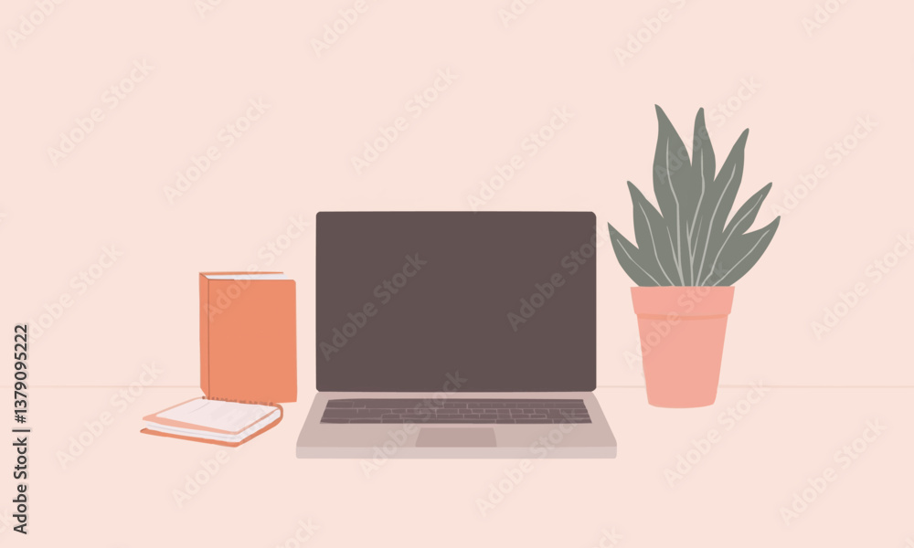 Minimalist workspace featuring a sleek laptop, a notebook, and a potted plant, illuminated by soft natural light creating a clean and modern office environment Minimalist workspace featuring a sleek laptop, a notebook, and a potted plant, illuminated by soft natural light creating a clean and modern office environment