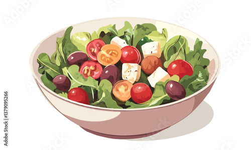Vibrant bowl of fresh mixed salad with greens, cherry tomatoes, and olives, garnished with feta cheese, emphasizing health and natural ingredients