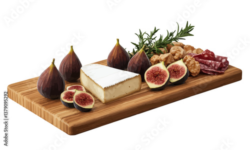 Rustic cutting board with gourmet cheese, fresh figs, and sprigs of rosemary styled for a cozy charcuterie presentation, .