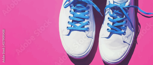 White sneakers with blue laces on a pink background.