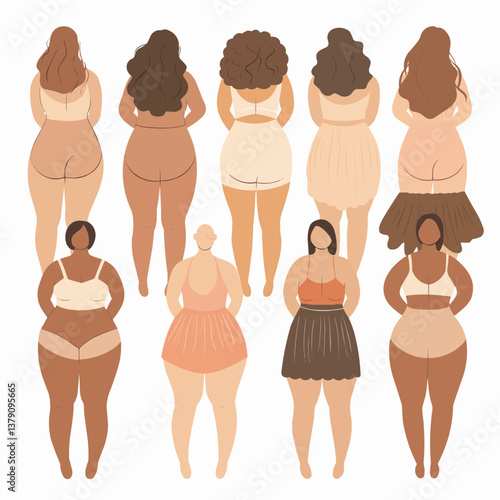 A modern flat-design vector set featuring a stylized woman’s back and front with soft, natural fat folds in a minimalistic, self-care aesthetic