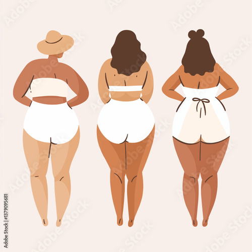A modern flat-design vector set featuring a stylized woman’s back with soft, natural folds in a minimalistic, self-care aesthetic