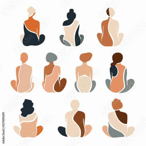 A modern flat-design vector set featuring a stylized woman’s back with soft, natural fat folds in a minimalistic, self-care aesthetic