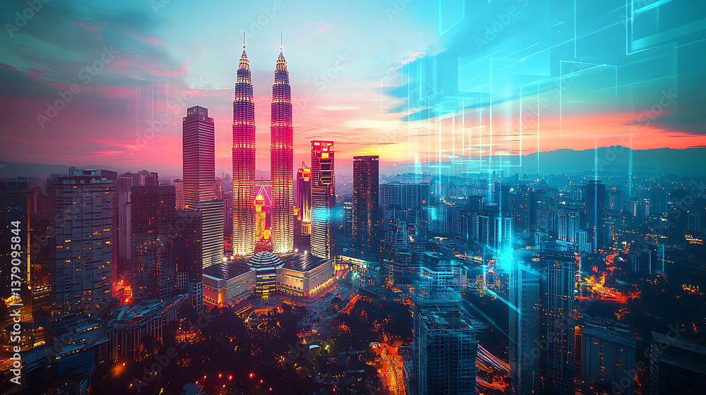 Fototapeta premium An abstract technology hologram featuring a panoramic view of kuala lumpur at dusk in malaysia and asia, concept of technological change of the world