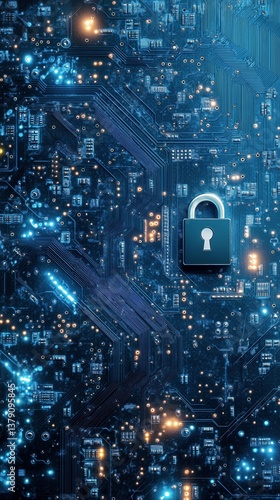Digital Security Lock Symbol Glowing in a Futuristic Technology Landscape Wit...