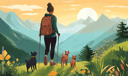 Female hiker with dogs enjoying a mountain hike