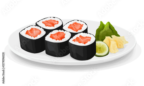 Vibrant plate of fresh sushi rolls, garnished with slices of ginger and wasabi, served on a clean white ceramic plate, appetizing and colorful,
