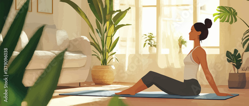 Yoga at home active lifestyle woman rolling exercise mat in living room for morning meditation yoga banner background.