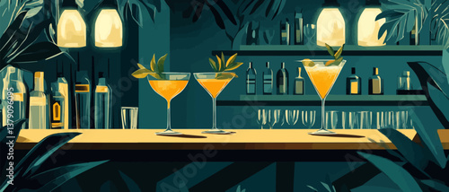 Refreshing cocktail preparation with herbal garnish at a trendy bar in the evening