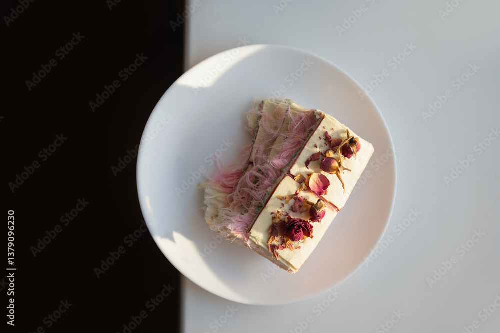 Tasty breakfast with handicraft chocolate with airy filling white and pink pismaniye on white tabletop. Top view.