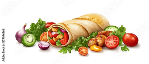 Shawarma or Doner with chicken roll on isolated white background. Turkish Fast Food -
