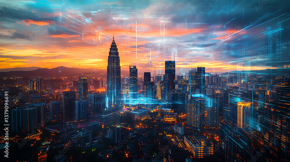 Fototapeta premium An abstract technology hologram featuring a panoramic view of kuala lumpur at dusk in malaysia and asia, concept of technological change of the world