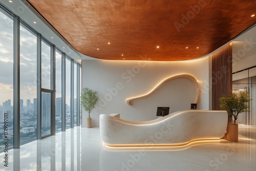 Modern Reception Area With Elegant Interior Design and City Skyline View in t...