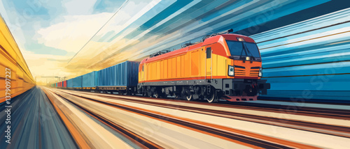 The freight train passes by the station Wagons with goods delivery. Creative Banner. Copyspace image