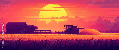 Using a combine harvester to gather wheat in a field during a summer sunset and transferring it to a tractor. silhouette concept