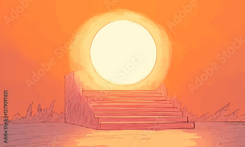 unlock hidden potencial concept. Minimalist Doodle of a Staircase Leading to a Bright Sunlight Sphere in a Calm Atmosphere