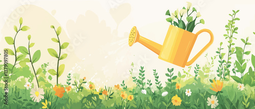 watering plants in home garden, using an ecofriendly yellow watering can to tend the greenery.
