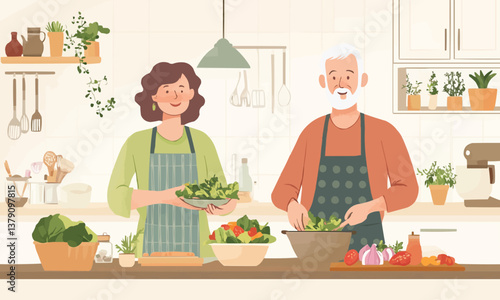 Wholesome Elderly Couple Preparing Fresh Salad Together in a Bright and Cozy Kitchen