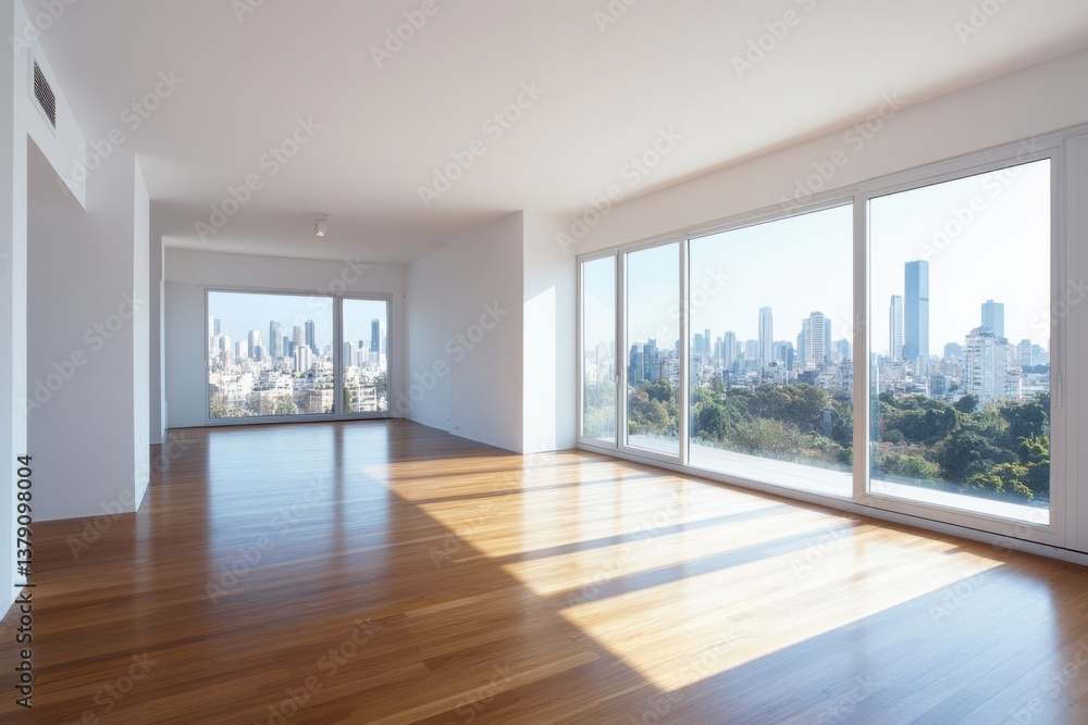 Modern apartment with panoramic city view in a bright and spacious interior during daylight hours Modern apartment with panoramic city view in a bright and spacious interior during daylight hours