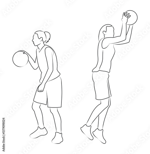 Woman practicing basketball skills by shooting a ball towards the hoop at a gym