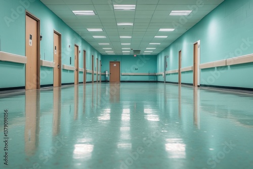 Long, empty corridor with teal walls and polished floor in a healthcare facility during daytime