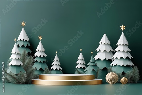 Festive Miniature Christmas Trees With Golden Decorations on Green Background