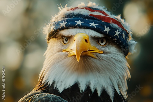 Majestic Bald Eagle Wearing Patriotic Hat During Golden Hour