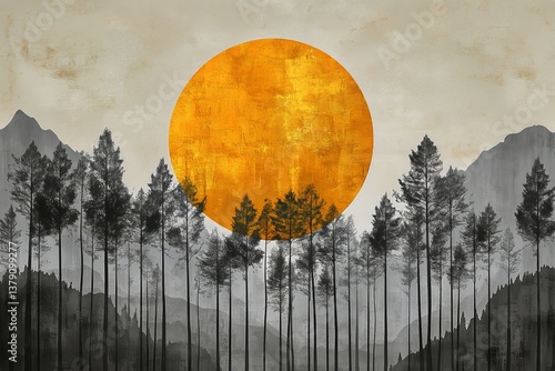 Sunset Glow in a Dark Forest With Winter Snow Covering the Ground