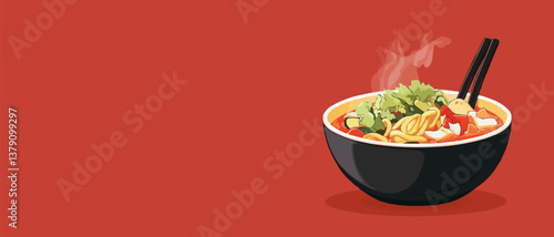 Steaming bowl of flavorful ramen with vegetables and herbs.