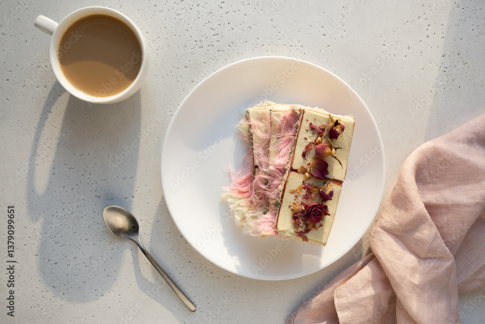 Tasty trendy breakfast with handicraft coffee and pink chocolate with airy filling white and pink pismaniye on white table. View from above. Lovely morning