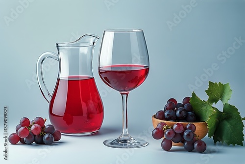 Refreshing Red Drink Served With Grapes in a Glass and Jar on a Light Blue Ba...