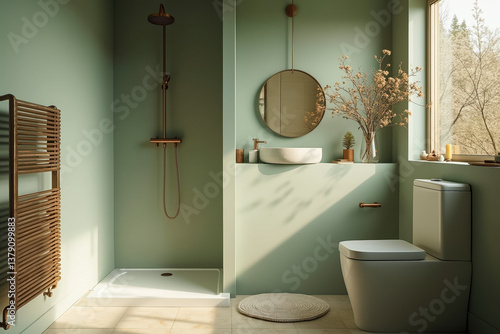 modern sage green bathroom with copper fixtures and natural light