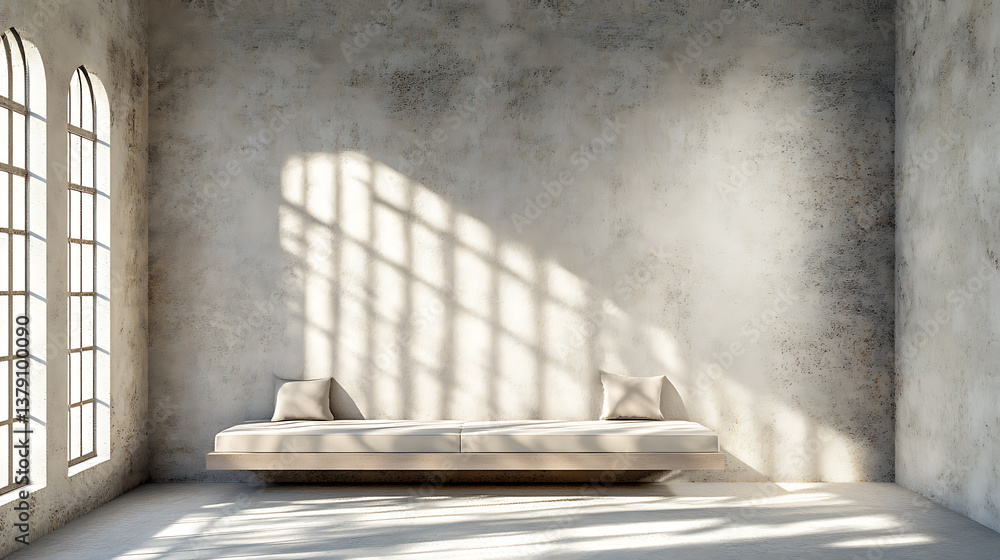 Sofa against grid window and grunge stucco wall, minimalist loft luxury home interior design of modern living room in villa Sofa against grid window and grunge stucco wall, minimalist loft luxury home interior design of modern living room in villa