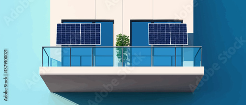 Two solar panels mounted on a balcony railing of a modern building.