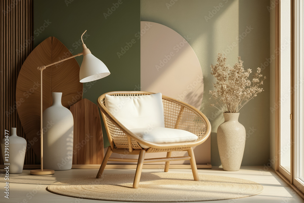 © lina - white-cushioned rattan chair in a sunlit room with wooden accents © lina - white-cushioned rattan chair in a sunlit room with wooden accents