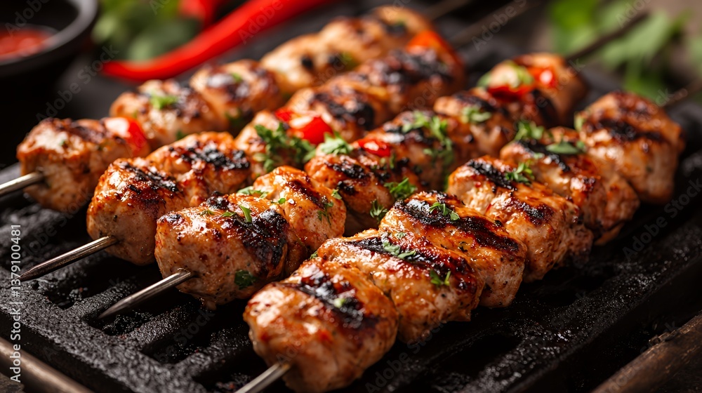 Grilled Kebabs Served With Fresh Herbs and Spices at Summer Gathering Grilled Kebabs Served With Fresh Herbs and Spices at Summer Gathering