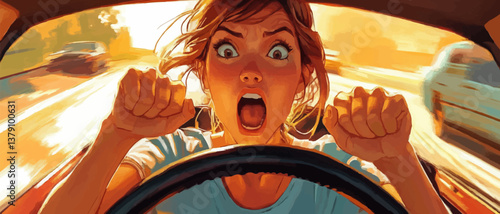 woman learning driving car with shocked face.