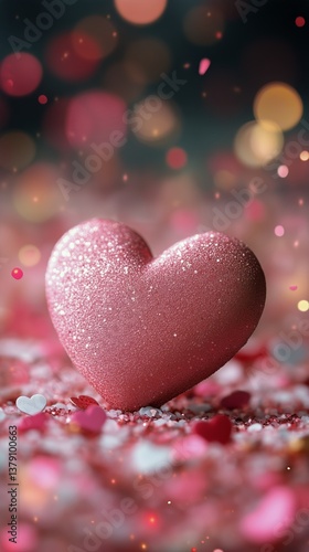 Glittering Pink Heart Shines Brightly on a Bed of Colorful Hearts and Sparkles