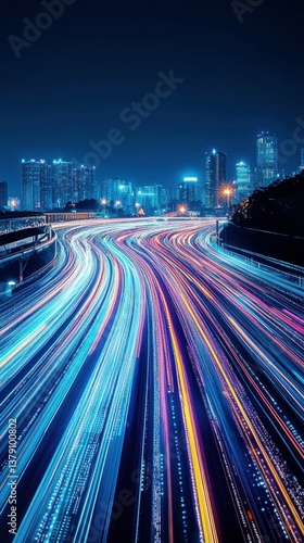 Futuristic cityscape with digital data streams and light trails